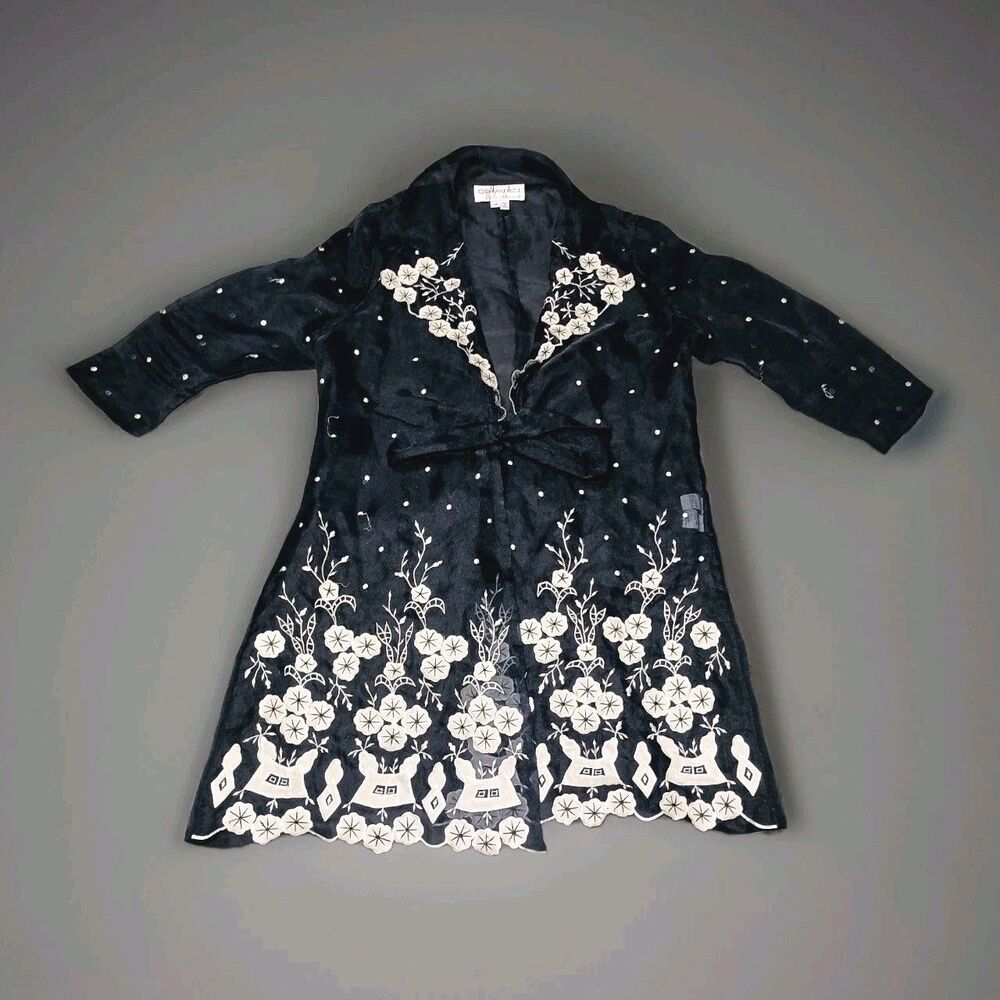 Donna Vinci Embroidered Sheer Tunic Dress Sz 14 Navy Blue Church Formalwear Boho